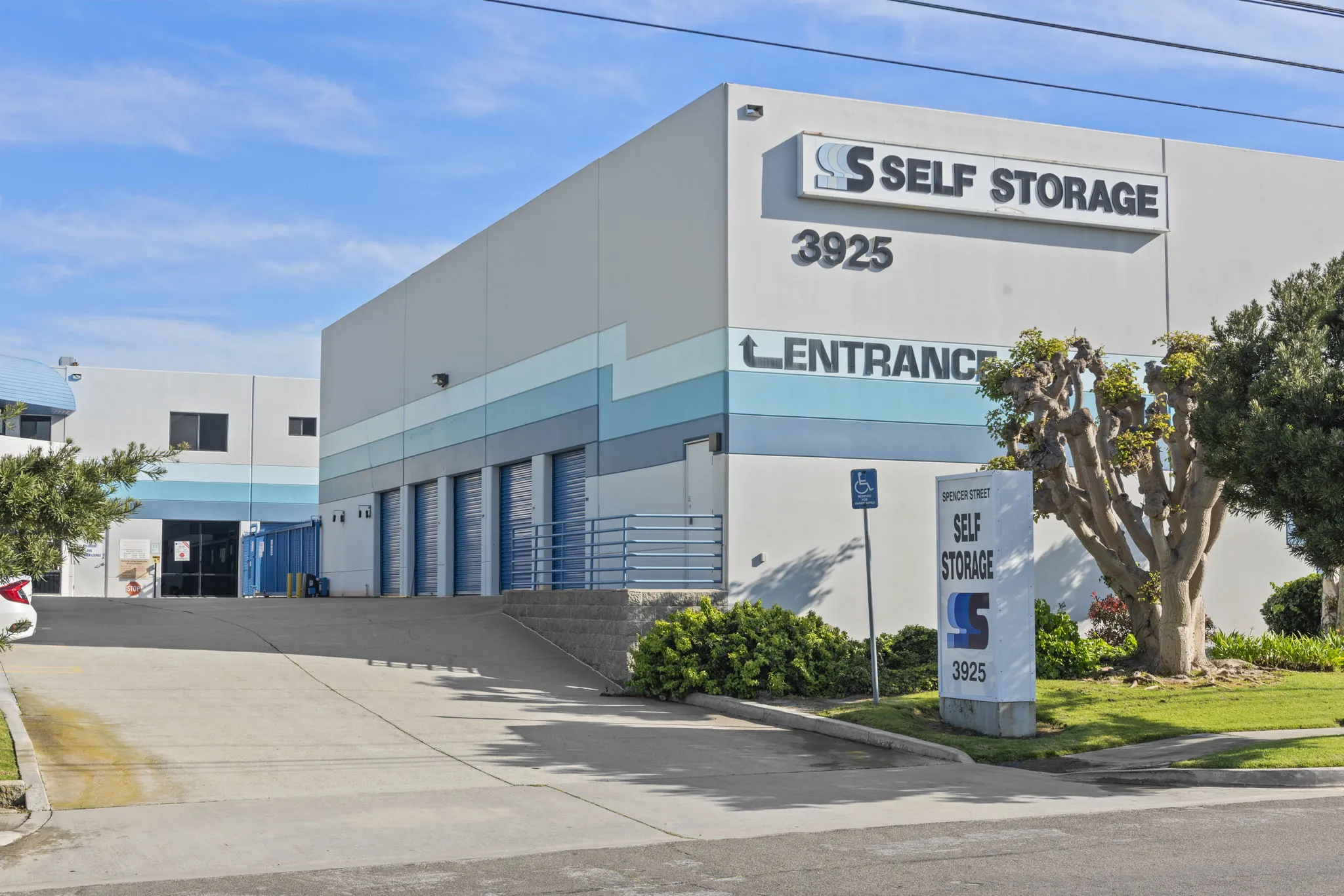 Front view of Spencer Street Self Storage facility entrance in Torrance, CA.
